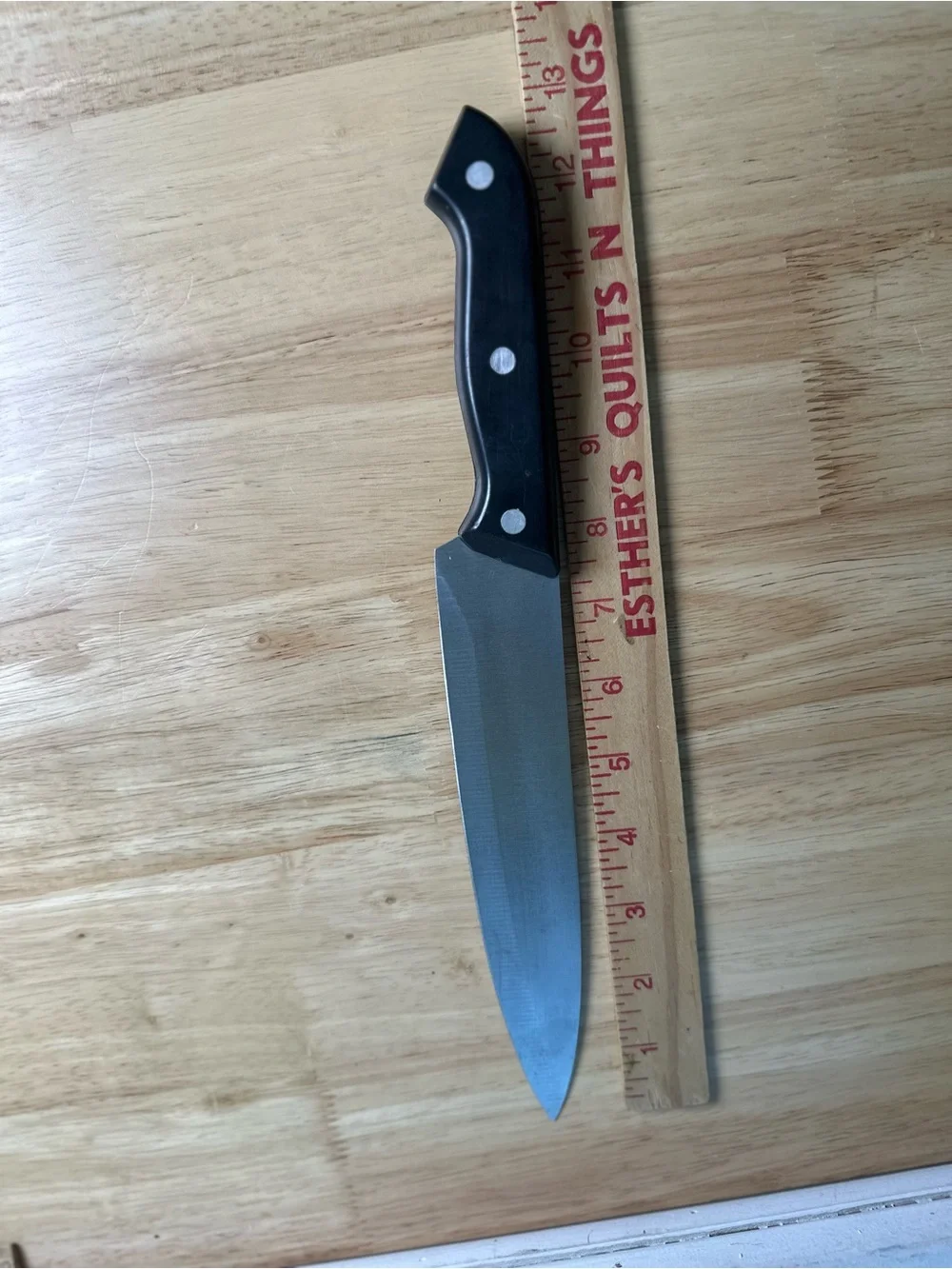 12.5” Stainless Chef Knife with Black Triple-Rivet Handle blade all thru wood